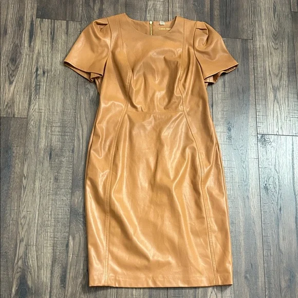 Calvin Klein Faux Leather Pencil Dress Women’s Size 10 Camel - Picture 5 of 7